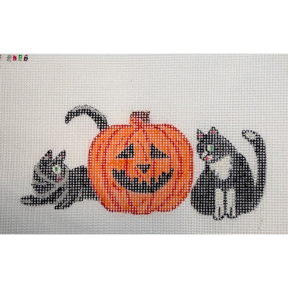 Halloween Black Cats Jack O Lantern Hand Painted Needlepoint Canvas Vintage - Picture 2 of 4